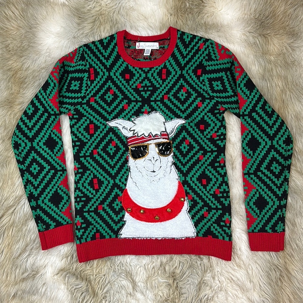 Jolly Sweaters Ugly Christmas Llama Jingle Bell Sweater Unisex M